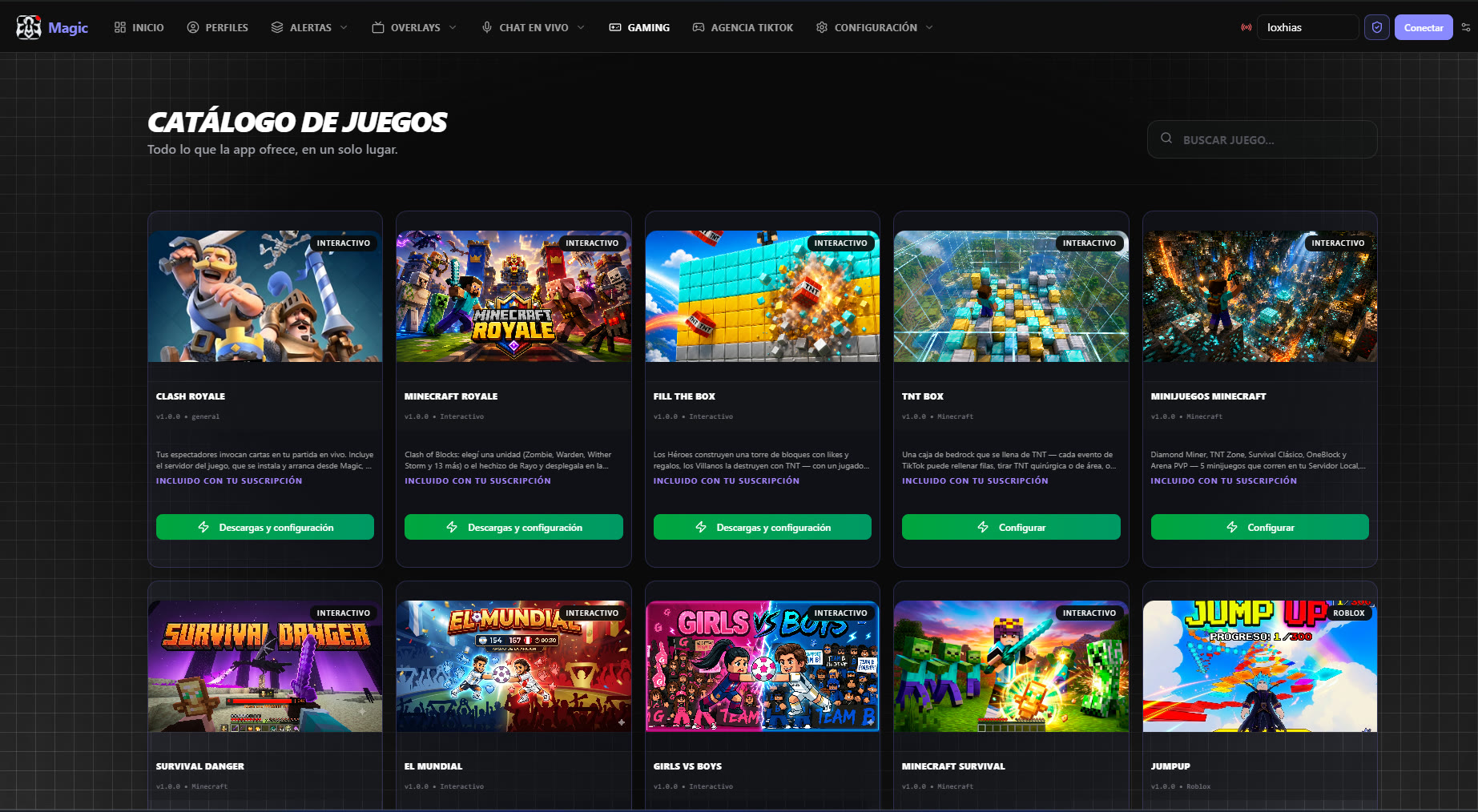 Catálogo de juegos de Magic: Clash Royale, Minecraft Royale, Fill The Box, TNT Box, Minijuegos Minecraft y más
