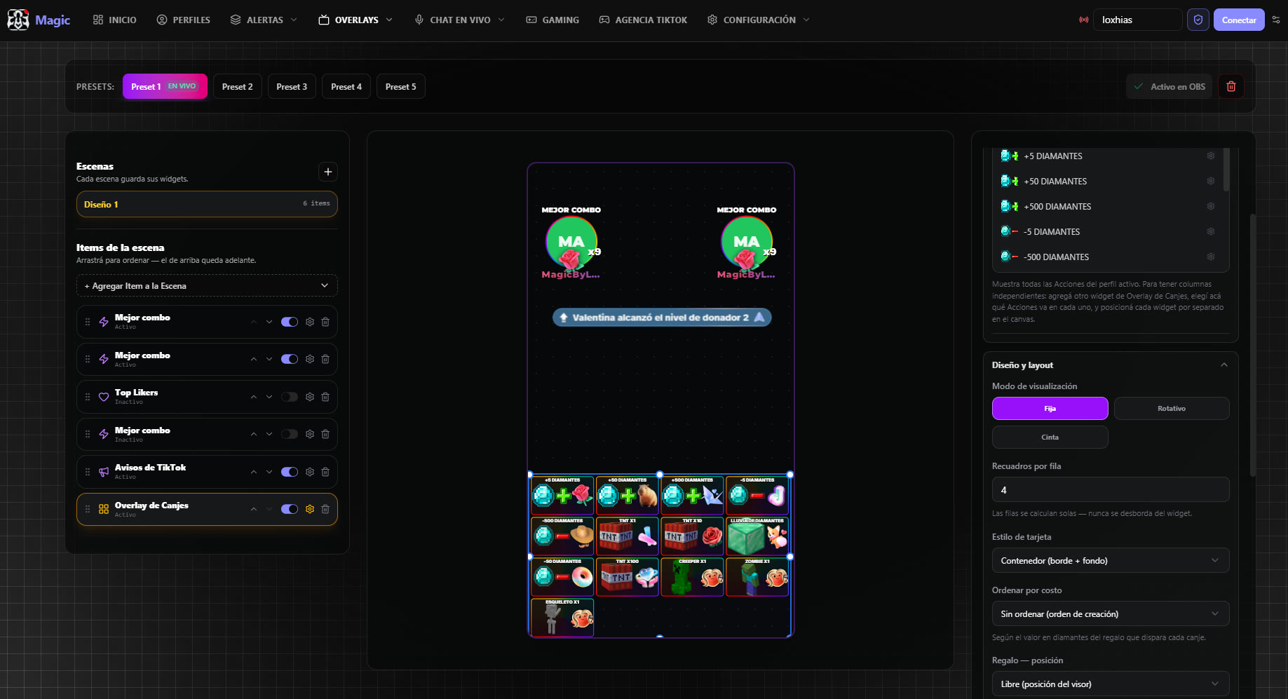 Overlay Editor de Magic: presets, items de la escena, lienzo vertical y panel de propiedades