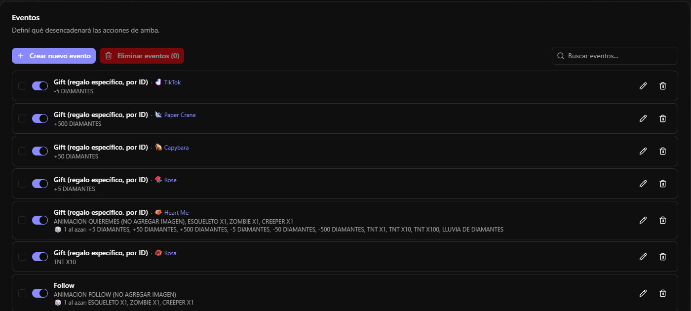 Lista de Eventos con sus disparadores y las acciones que ejecutan