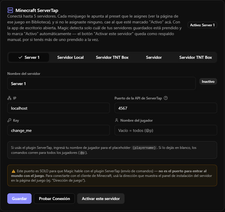 Panel de servidores de Minecraft dentro de Magic